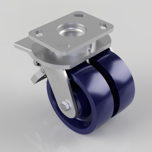 Twin-wheel swivel caster with blue polyurethane wheels and a metal mounting plate for furniture or equipment.