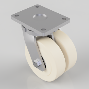 Swivel caster wheel with a square mounting plate and cream-colored polyurethane wheels on a metal frame.