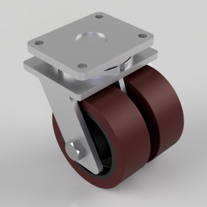 Industrial swivel caster with a square mounting plate and two brown polyurethane wheels mounted side by side on a silver metal frame