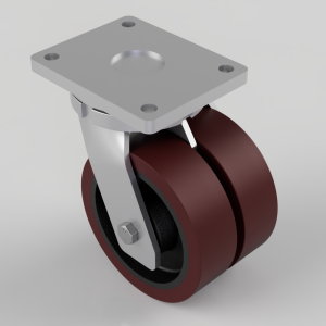 Swivel caster wheel with a metal mounting plate and dual brown wheels, used for moving heavy loads.