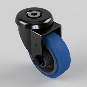 Black caster wheel with a blue polyurethane wheel and metal mounting bracket, shown at an angle as a furniture roller.