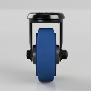 Blue caster wheel with black mounting bracket and chrome-like top cap, viewed head-on on a light gray background.