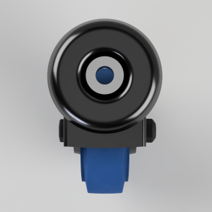 Front view of a black circular camera lens with a gray inner ring, mounted on a small bracket and a blue strap beneath.
