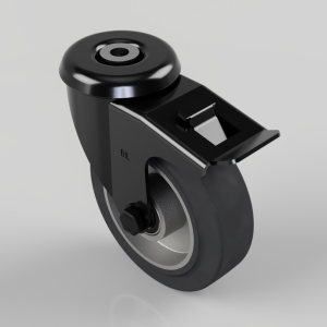 Black Elastic Rubber 65ShoreA Bolthole Swivel Castor Brake 125mm 250kg Load