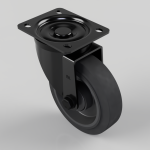 Black swivel caster wheel with a square plate and four mounting holes, mounted on a dark yoke for rolling support.