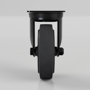 Front view of a black heavy-duty swivel caster wheel with mounting plate visible at the top and a central wheel hub.