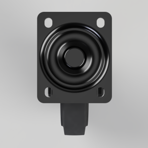 Black square mounting plate with a large circular push button and a downward mounting tab; four small holes at the corners suggest hardware for installation.