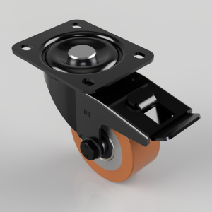 Swivel caster wheel with mounting plate and brake lever, orange wheel on a black metal bracket.