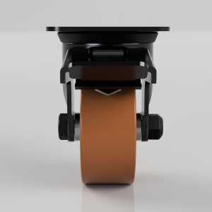 Close-up of a brown caster wheel with a black metal bracket and hardware, viewed head-on against a gray background