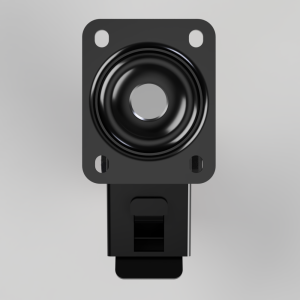 Front view of a black mounting bracket with a circular bore and a bottom clip?note: clip at bottom