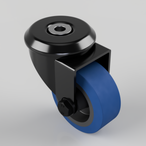 Swivel caster wheel with a blue polyurethane wheel and black metal housing, shown from an angled view.