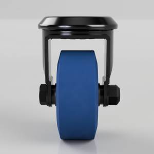 Blue polyurethane caster wheel with a black metal mounting bracket, shown head-on from the front side.