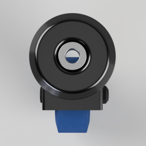 Front view of a black circular device with a silver center and a blue strap hanging below.