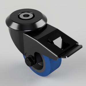 Black swivel caster wheel with a blue polyurethane wheel and metal mounting plate; shows a compact caster for furniture or carts.