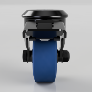 Close-up of a blue caster wheel with a black metal housing and brake component.