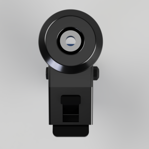 Close-up of a black circular webcam lens mounted on a swivel stand.