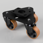 Tri-wheel caster base with black mounting plate and orange polyurethane wheels, used for moving heavy equipment