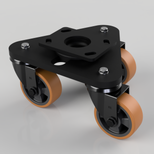 Tri-wheel caster base with black mounting plate and orange polyurethane wheels, used for moving heavy equipment