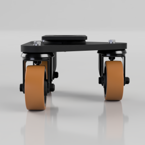Dual-wheeled platform with orange wheels and black metal frame
