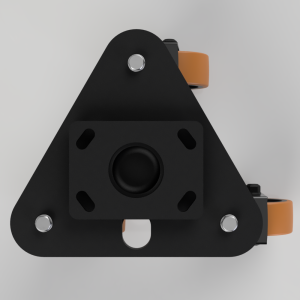 Triangular black metal bracket with a central square mounting plate and orange wheels on the sides