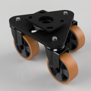 Four orange polyurethane wheels mounted on a black metal caster frame with a square mounting plate seen from above (industrial cart caster).