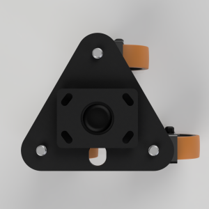 Triangular black metal bracket with a central mounting hole and orange rollers on the sides, secured by silver bolts