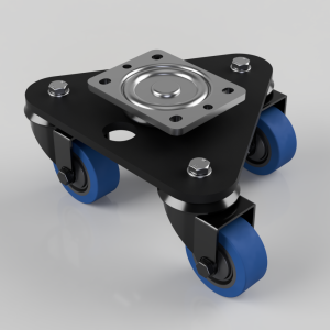 Four-wheel caster with blue polyurethane wheels and a metal mounting plate, viewed from above for furniture or equipment mobility.