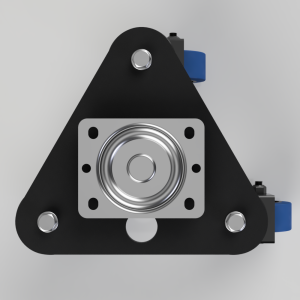 Triangular black mounting plate with a central circular bearing hub and blue adjustment knobs on the sides.