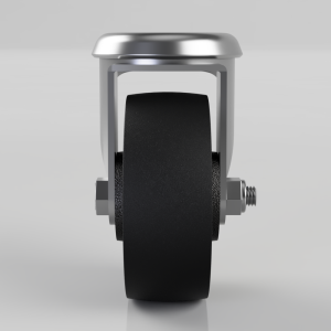 Front view of a swivel caster wheel with a black rubber tire and shiny metal housing and mounting bolt on the side.