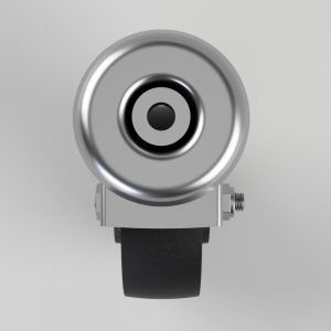 Close-up of a silver circular camera lens mounted on a small metal housing with a black strap underneath.