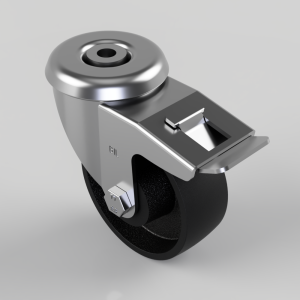 Industrial swivel caster with black rubber wheel and a braking lever in the metal housing