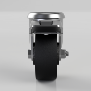 Front view of a metal caster wheel with a black rubber tire and brake lever, mounted on a swiveling housing for furniture or equipment.