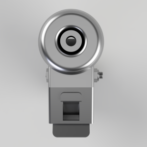 Front view of a gray industrial cam lock or latch, featuring a circular, wheel-like top and a rectangular housing with a bolt slot.