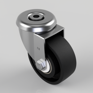 Metal swivel caster wheel with black polyurethane tire and silver mounting housing, viewed from above.