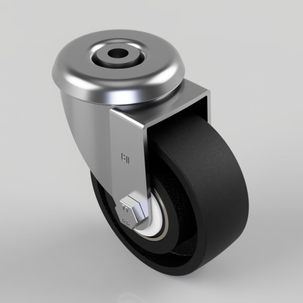 Metal swivel caster wheel with black polyurethane tire and silver mounting housing, viewed from above.