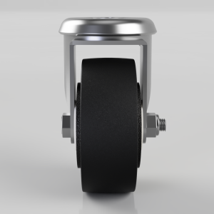 Front view of a metal caster wheel with a large black rubber tire and a shiny chrome housing.