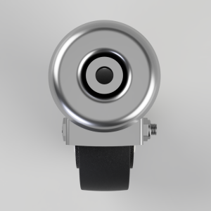 Front view of a shiny silver circular camera lens mounted on a gray bracket with a black strap, like a wearable camera surface-facing forward.