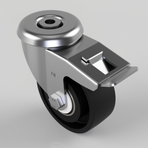 Metal caster wheel with a locking brake and top mounting plate, shown at an angle for furniture use