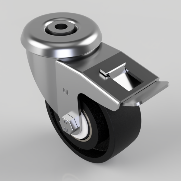 Metal caster wheel with a locking brake and top mounting plate, shown at an angle for furniture use
