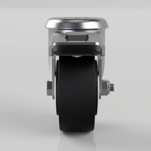Metal swivel caster with a black rubber wheel and a built-in locking brake on the side, viewed head-on from above the wheel.
