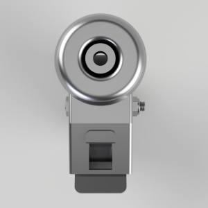 Front view of a metallic mounting clamp with a large circular dial on top and a side screw (industrial hardware).