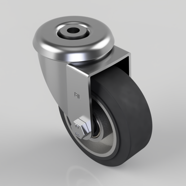Swivel caster wheel with metal housing and black rubber tire, shown from an angled perspective.