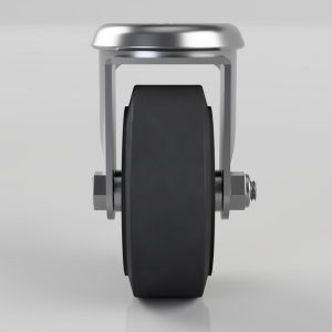 Front view of a caster wheel with a black solid wheel and silver metal frame on a light gray background