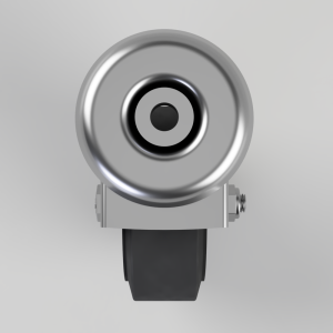 Close-up of a circular chrome camera lens mounted on a small bracket with a black strap underneath, viewed from the front (infomative).