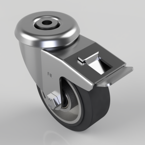 Swivel caster with a brake lever, metal housing, and a gray polyurethane wheel.