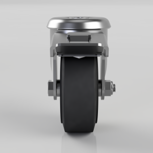 Front view of a metal caster wheel with brake, used on carts or industrial equipment