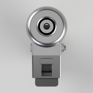 Front view of a silver camera flash unit with a circular reflector at the top and a small rectangular component beneath it.