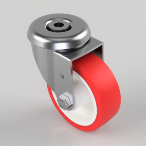 Industrial swivel caster with red polyurethane wheel and metal bracket, shown in perspective view
