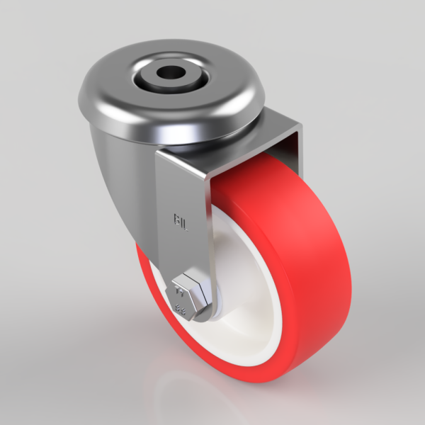 Industrial swivel caster with red polyurethane wheel and metal bracket, shown in perspective view