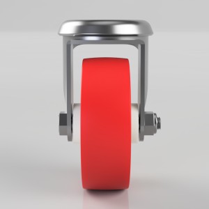 Red polyurethane wheel mounted in a silver metal caster frame.